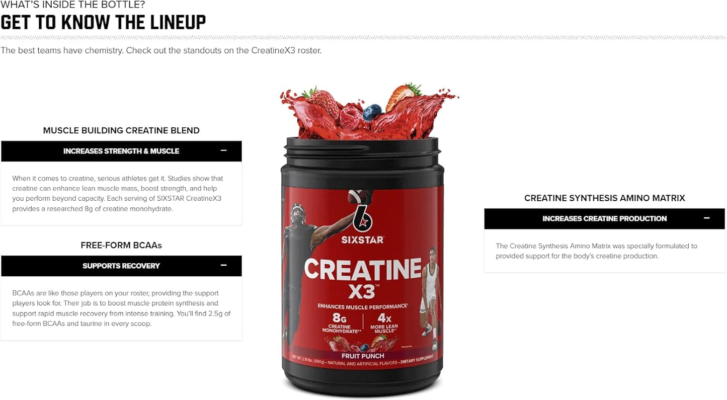 Six Star Creatine X3 HCl + Monohydrate Powder - Muscle Builder & Recovery Supplement, Fruit Punch Flavor, 35 Servings, 2.5 lb
