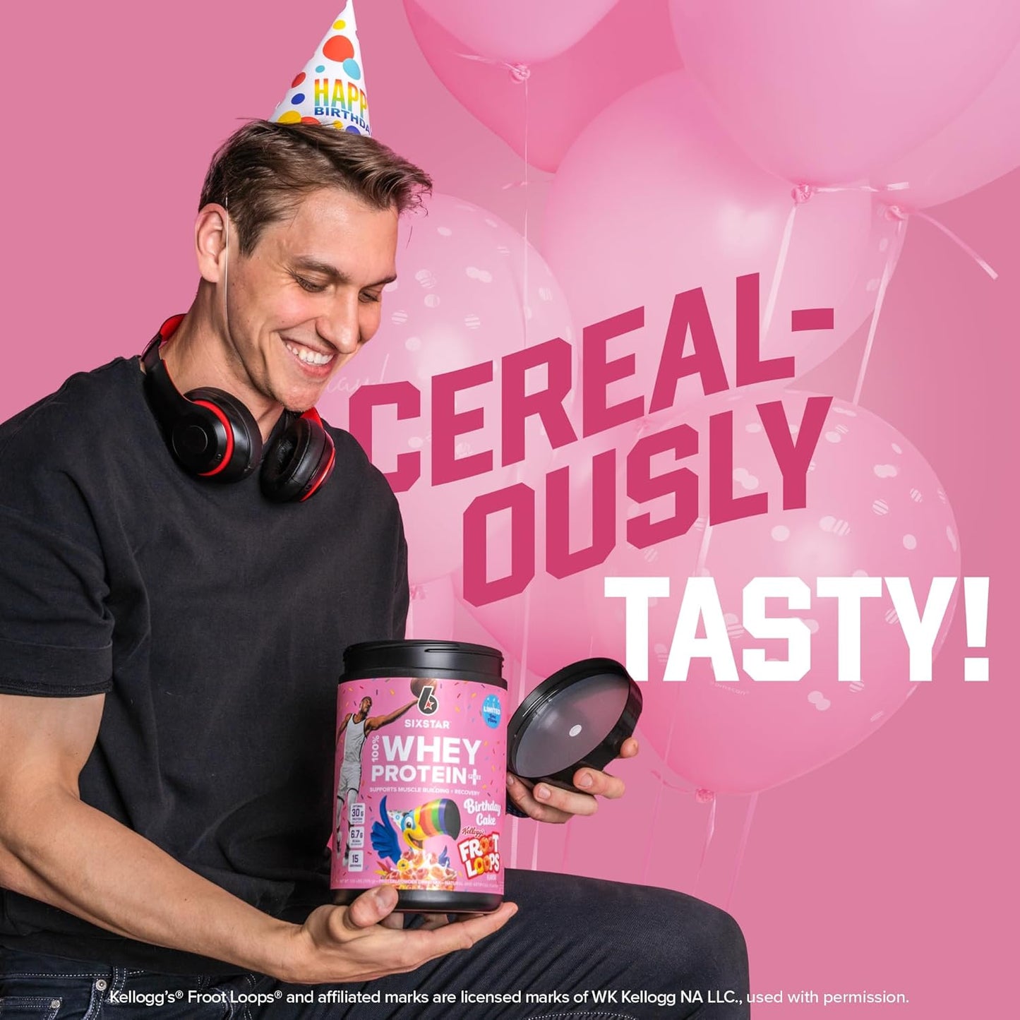 Six Star Whey Protein Powder Plus Kellogg’s Froot Loops Birthday Cake Flavor 1.5lb for Muscle Building & Recovery with Immune Support for Men & Women