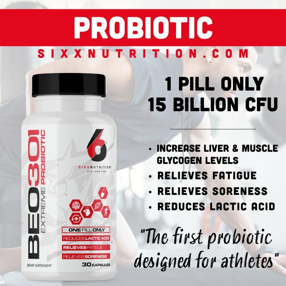 Sixx Nutrition Extreme Probiotics BE0301 - 15 Billion CFU 10 Strains for Digestive & Gut Health - Reduces Fatigue, Soreness, Lactic Acid - Boosts Liver & Muscle Glycogen