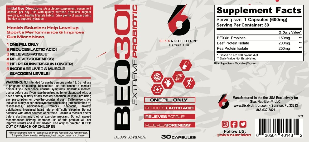 Sixx Nutrition Extreme Probiotics BE0301 - 15 Billion CFU 10 Strains for Digestive & Gut Health - Reduces Fatigue, Soreness, Lactic Acid - Boosts Liver & Muscle Glycogen