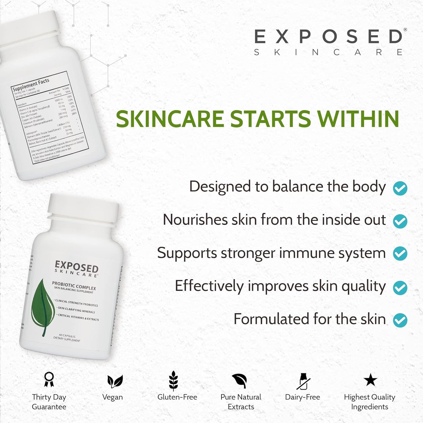 Skin Care Probiotic Supplement Complex: 1 Billion CFU for Clear Skin & Immune Health (60 Capsules)