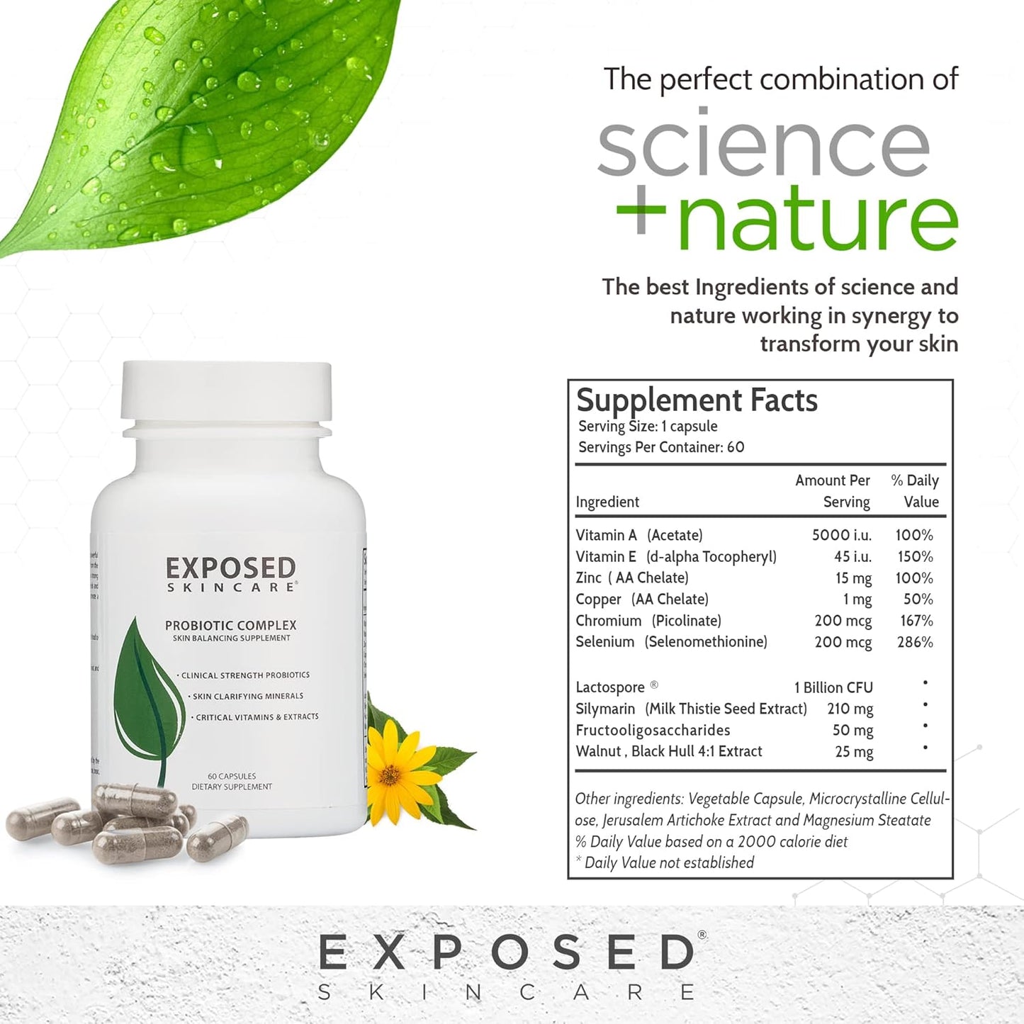 Skin Care Probiotic Supplement Complex: 1 Billion CFU for Clear Skin & Immune Health (60 Capsules)