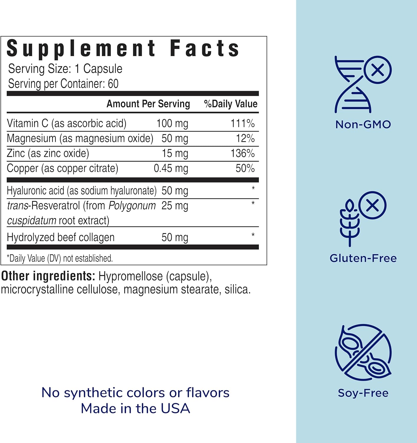 Skin Hydration Capsules with Hyaluronic Acid, Collagen, Zinc, Magnesium, Vitamin C - 60 Count