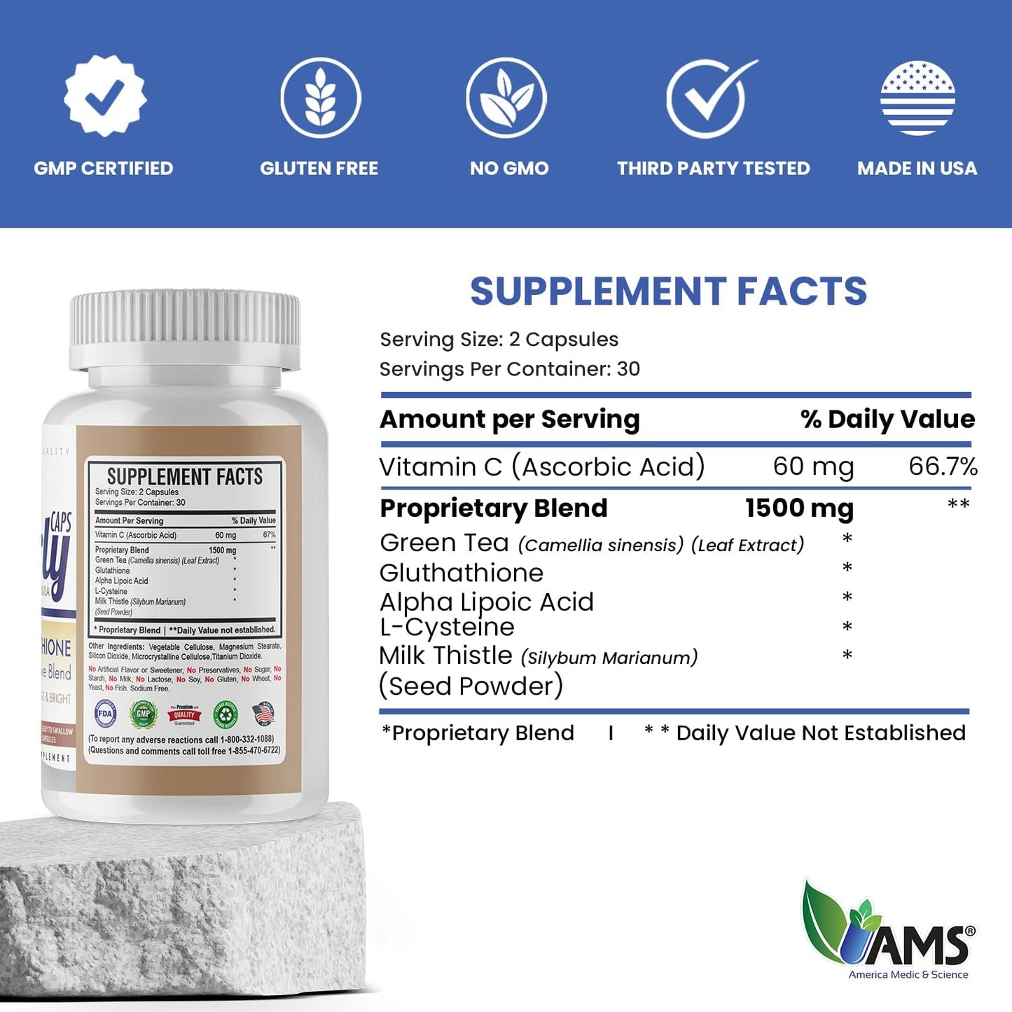 Skin Lightening Glutathione Supplement Capsules with Vitamin C & Alpha Lipoic Acid - 60 Count