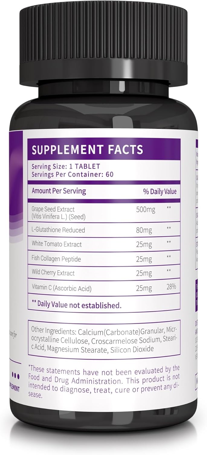 Skin Nourishing Supplement with Grape Seed Extract, Glutathione, Collagen, White Tomato, Wild Cherry, and Vitamin C - 60 Tablets