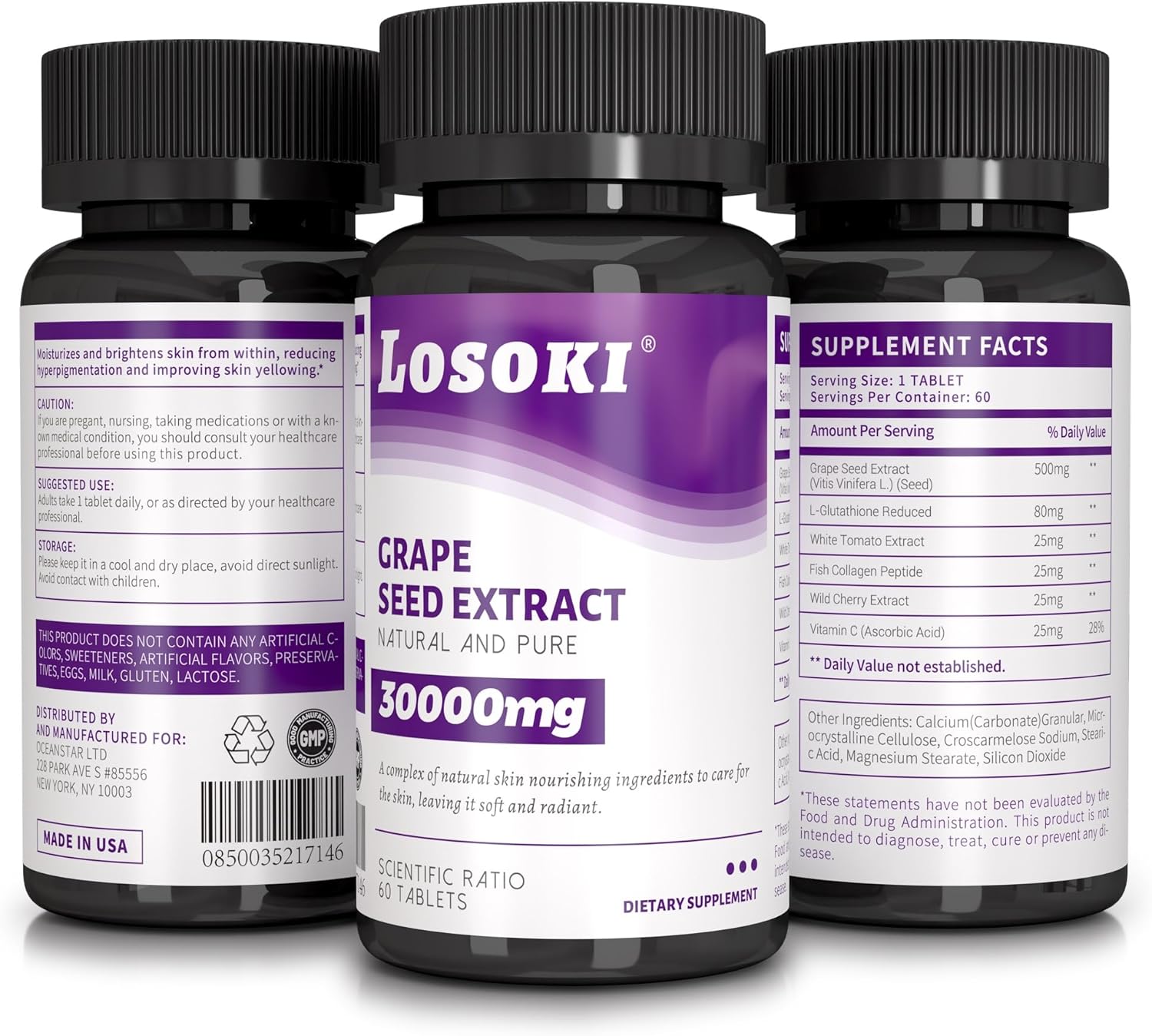 Skin Nourishing Supplement with Grape Seed Extract, Glutathione, Collagen, White Tomato, Wild Cherry, and Vitamin C - 60 Tablets