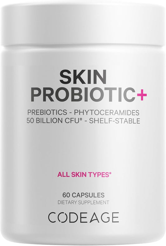 Skin Probiotics + Prebiotics Supplement with Ayurvedic Herbs - 50 Billion CFU - Face Care - Shelf Stable, Non-GMO, Vegan - 60 Capsules
