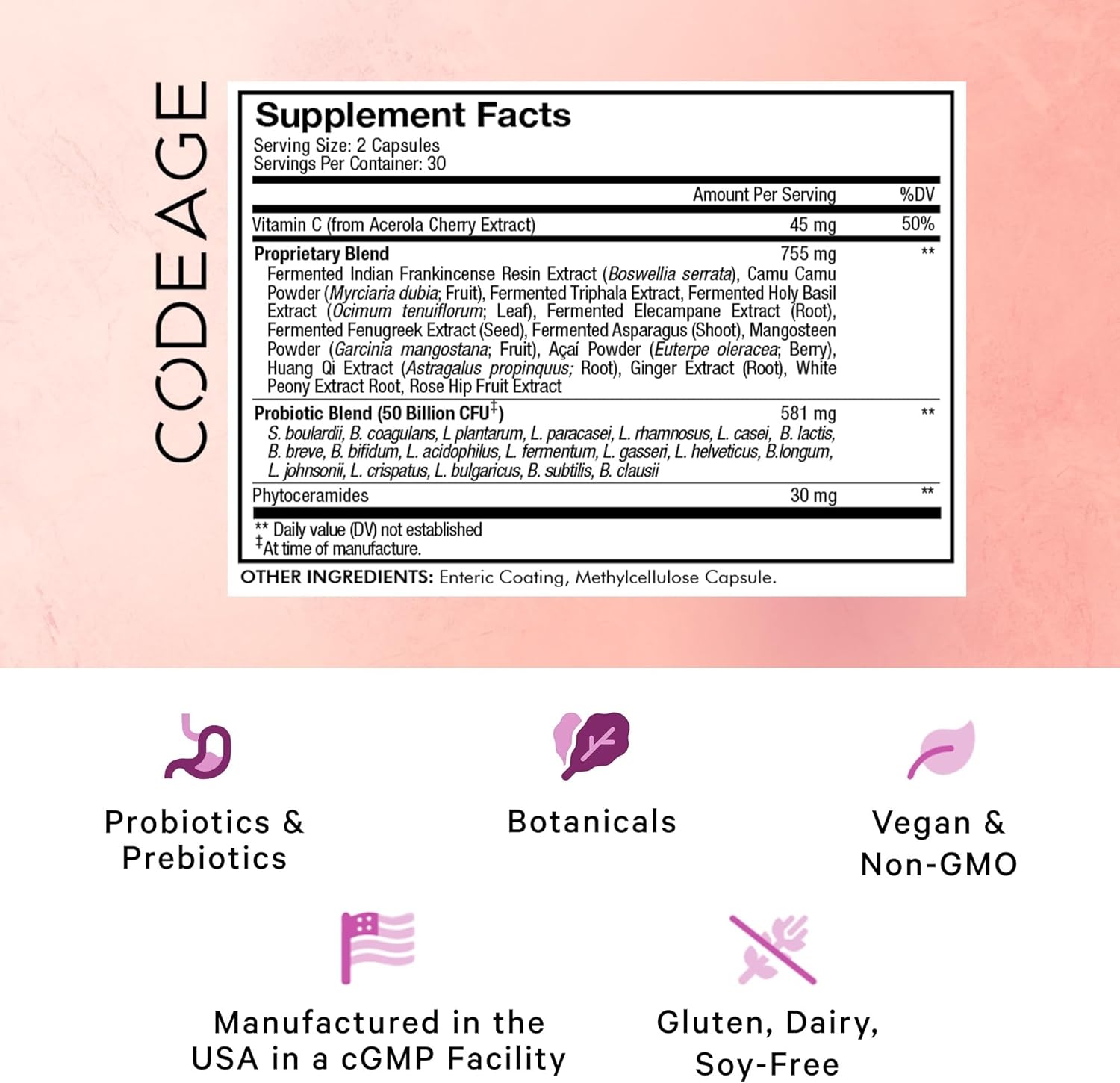 Skin Probiotics + Prebiotics Supplement with Ayurvedic Herbs - 50 Billion CFU - Face Care - Shelf Stable, Non-GMO, Vegan - 60 Capsules