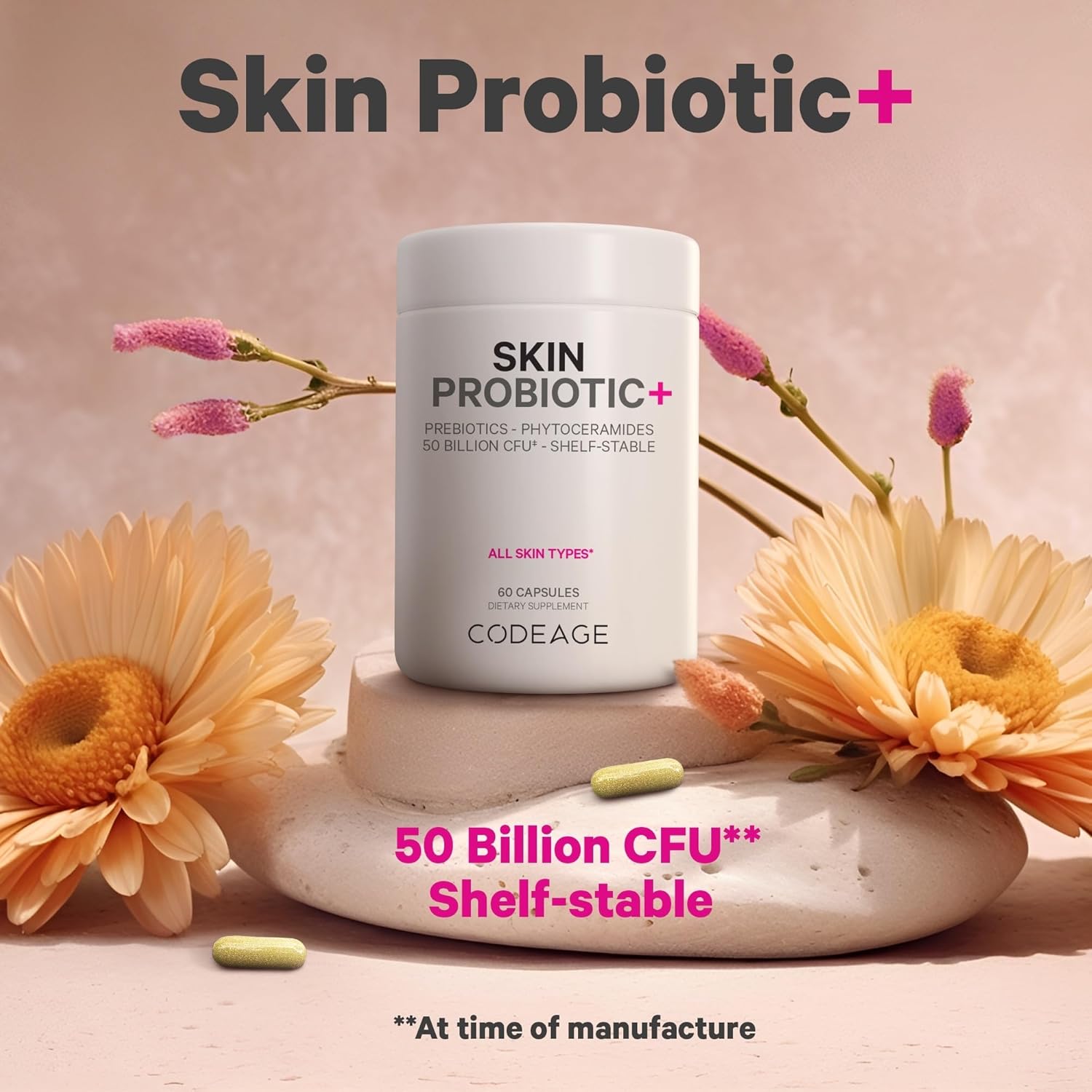 Skin Probiotics + Prebiotics Supplement with Ayurvedic Herbs - 50 Billion CFU - Face Care - Shelf Stable, Non-GMO, Vegan - 60 Capsules