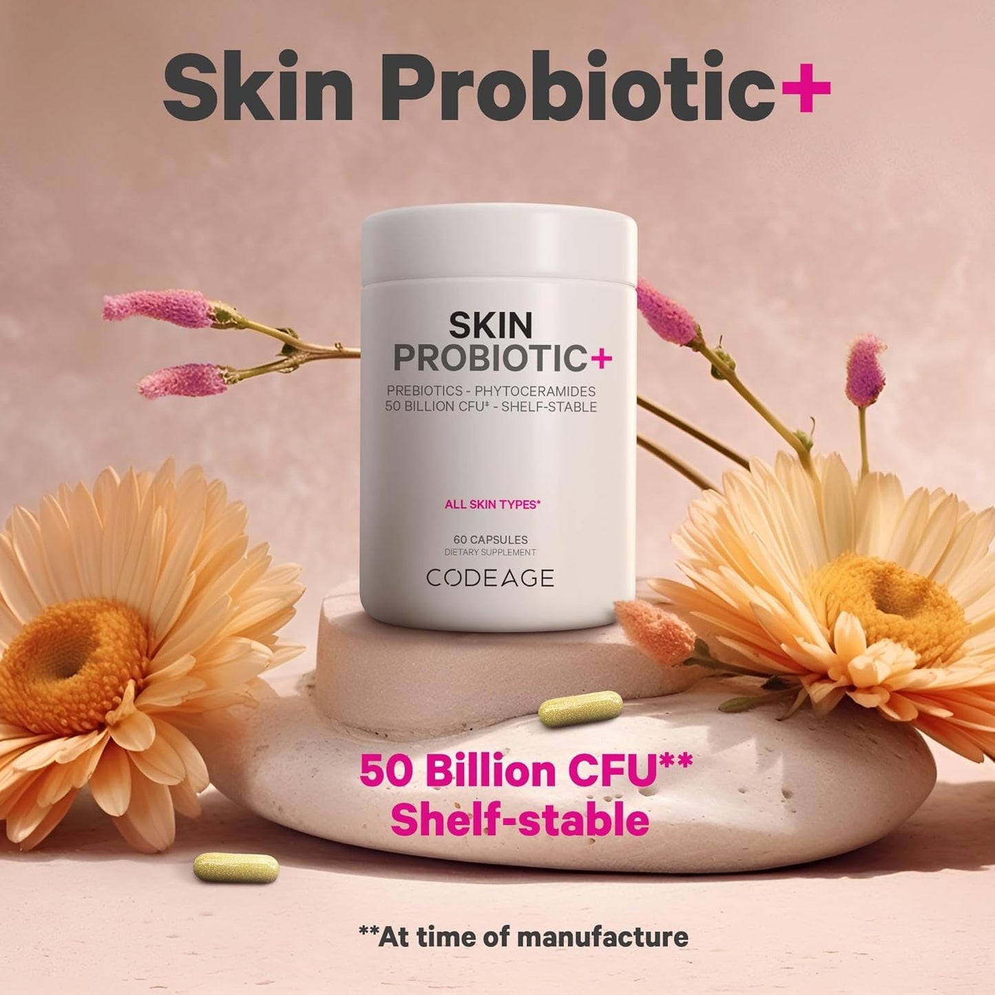 Skin Probiotics + Prebiotics Supplement with Ayurvedic Herbs - 50 Billion CFU - Face Care - Shelf Stable, Non-GMO, Vegan - 60 Capsules
