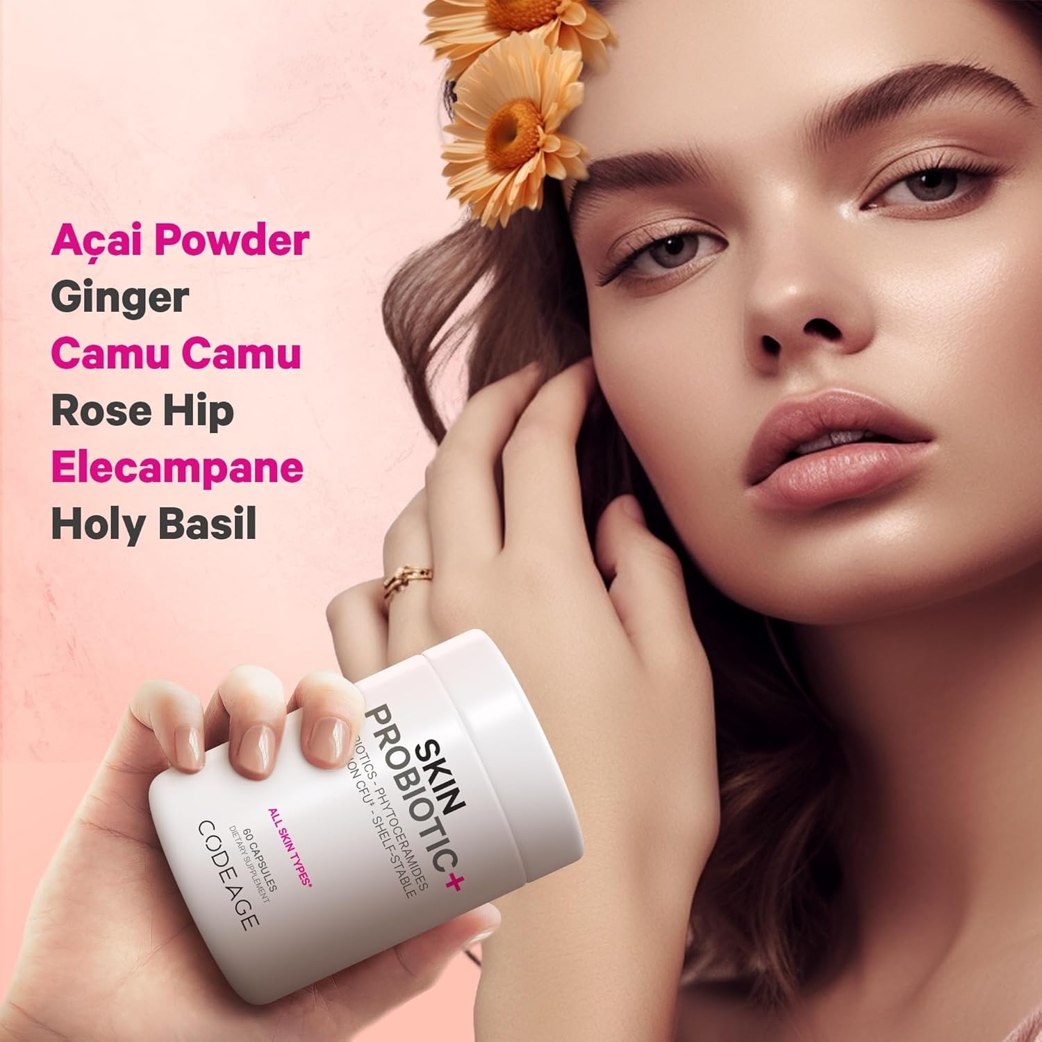 Skin Probiotics + Prebiotics Supplement with Ayurvedic Herbs - 50 Billion CFU - Face Care - Shelf Stable, Non-GMO, Vegan - 60 Capsules