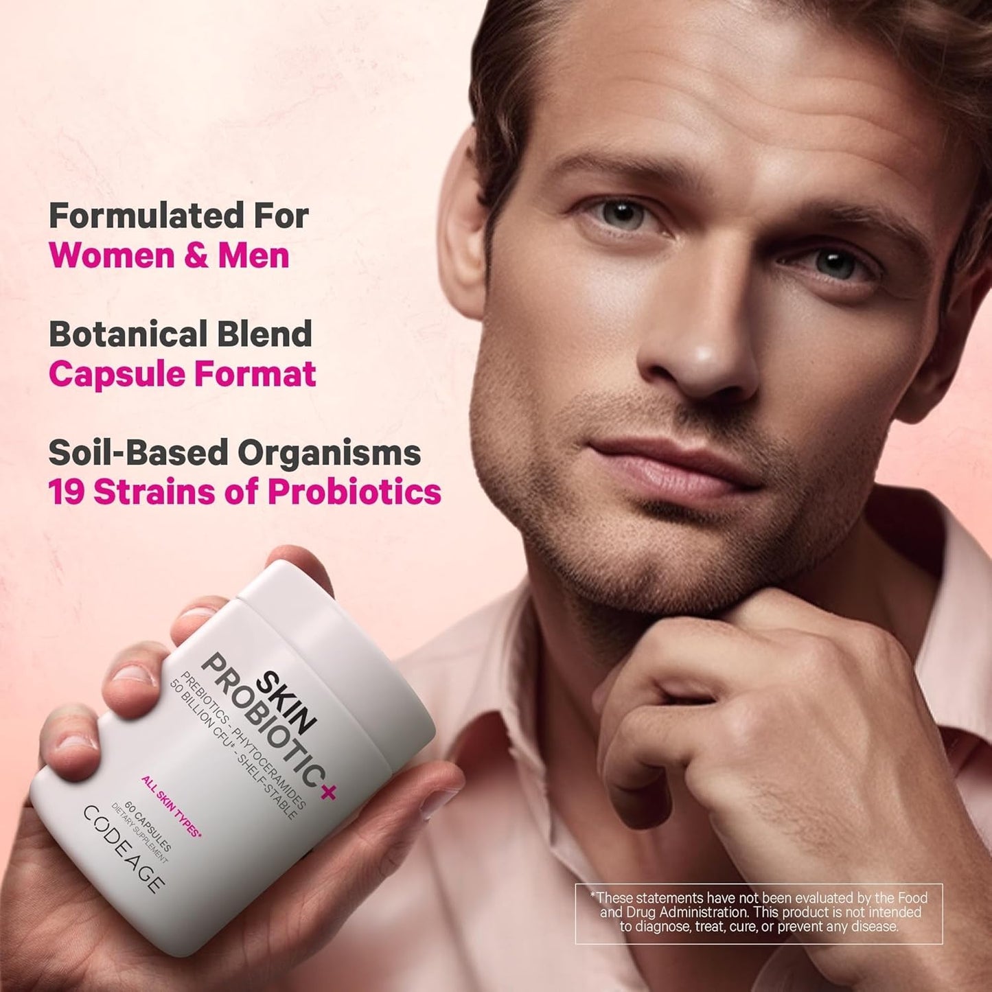 Skin Probiotics + Prebiotics Supplement with Ayurvedic Herbs - 50 Billion CFU - Face Care - Shelf Stable, Non-GMO, Vegan - 60 Capsules