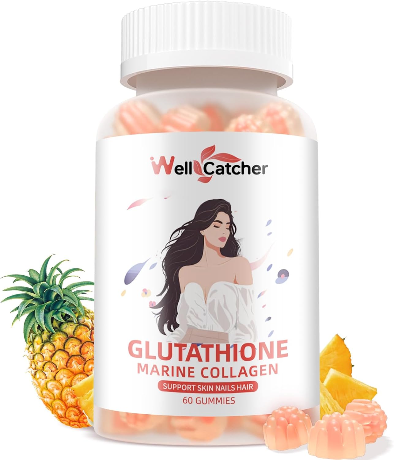 Skin Whitening Glutathione Gummies - 1000mg Supplement with Collagen & Vitamin C - Sugar-Free Anti-Aging Support - Pineapple Flavor - 60ct