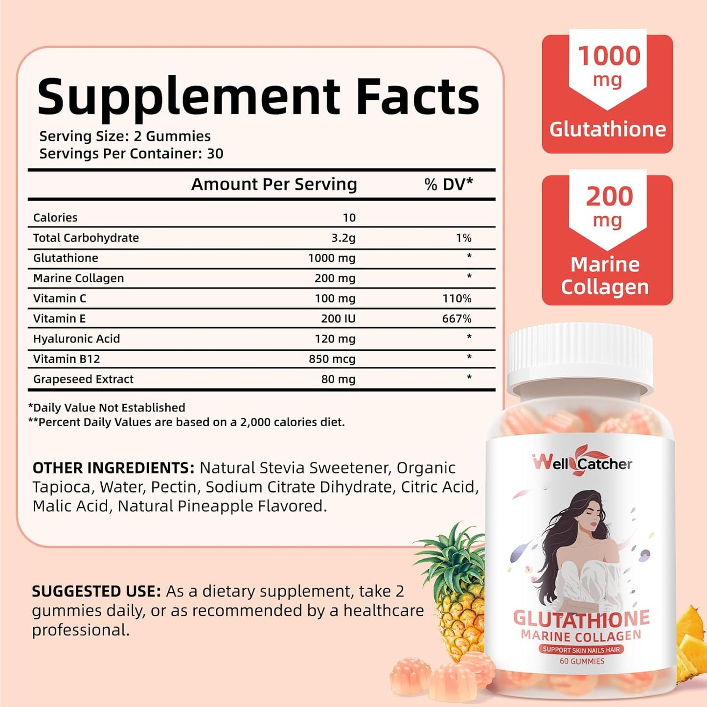 Skin Whitening Glutathione Gummies - 1000mg Supplement with Collagen & Vitamin C - Sugar-Free Anti-Aging Support - Pineapple Flavor - 60ct