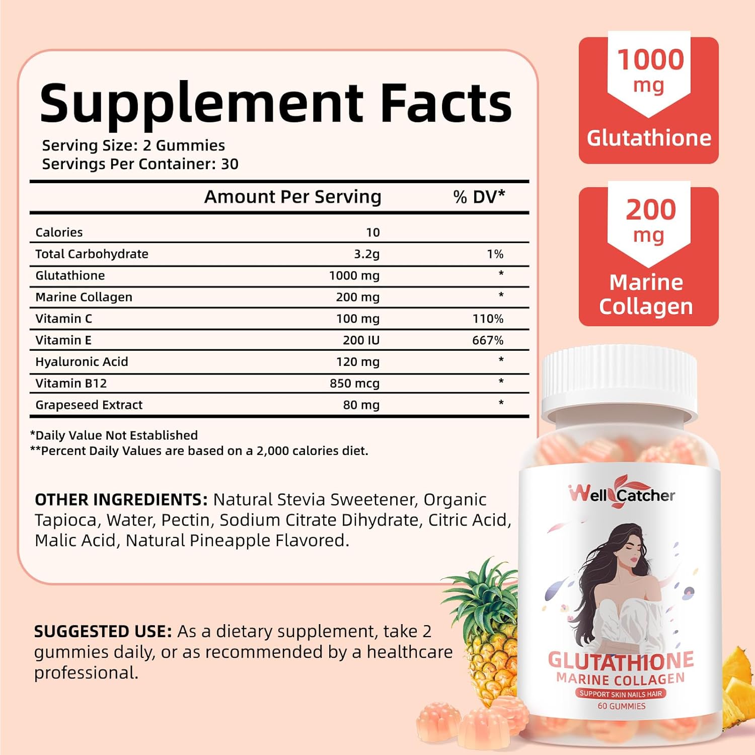 Skin Whitening Glutathione Gummies - 1000mg Supplement with Collagen & Vitamin C - Sugar-Free Anti-Aging Support - Pineapple Flavor - 60ct