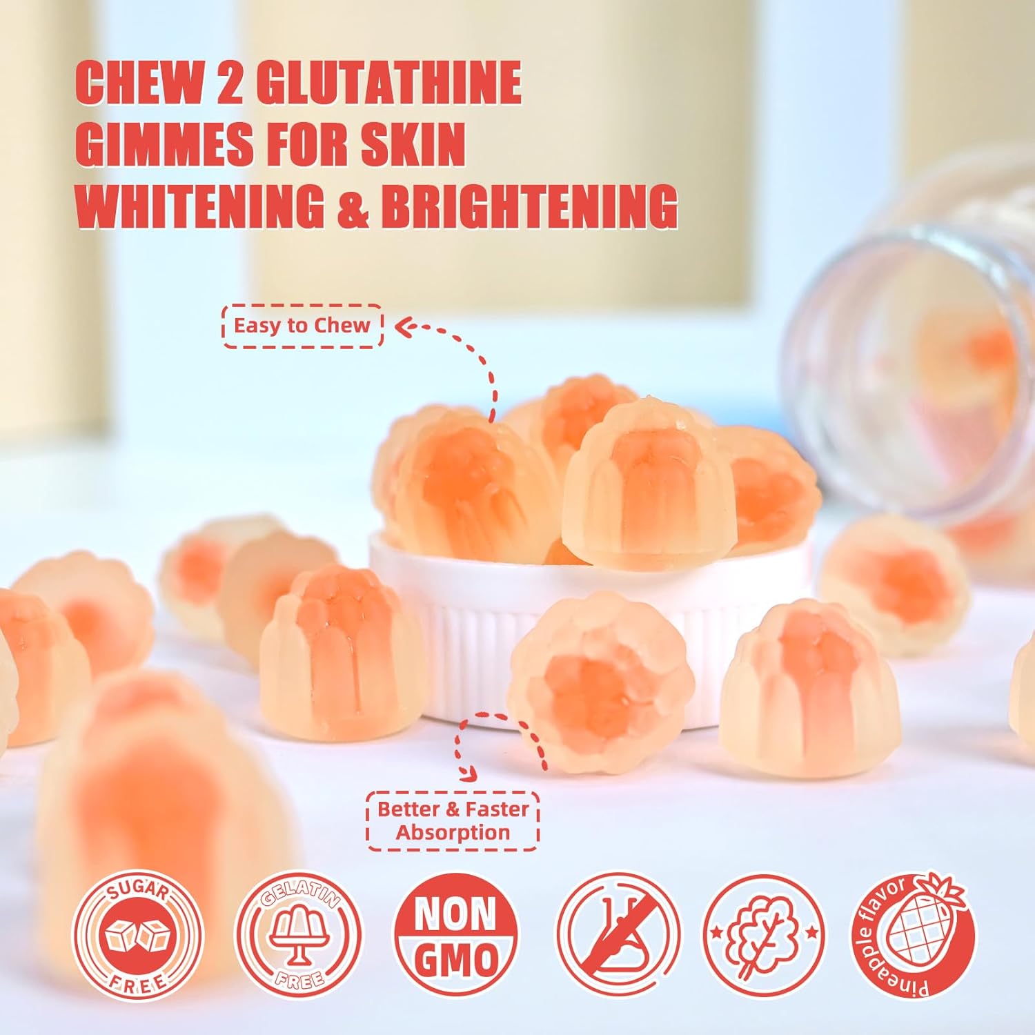 Skin Whitening Glutathione Gummies - 1000mg Supplement with Collagen & Vitamin C - Sugar-Free Anti-Aging Support - Pineapple Flavor - 60ct