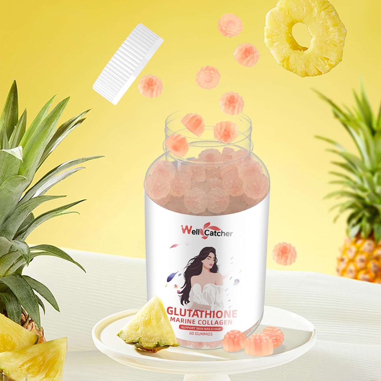 Skin Whitening Glutathione Gummies - 1000mg Supplement with Collagen & Vitamin C - Sugar-Free Anti-Aging Support - Pineapple Flavor - 60ct