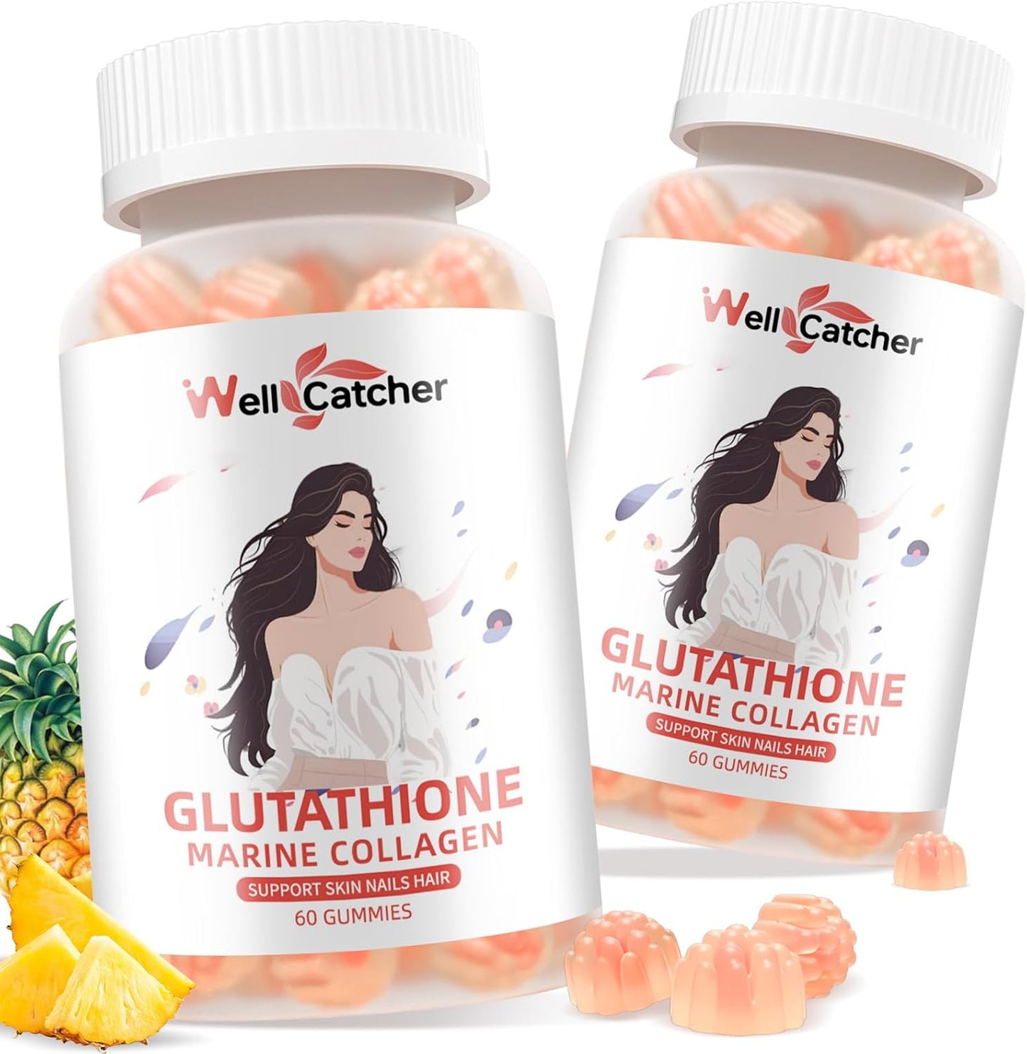 Skin Whitening Glutathione Gummies - 1000mg Supplement with Collagen & Vitamin C - Sugar-Free Anti-Aging Support - Pineapple Flavor - 60ct