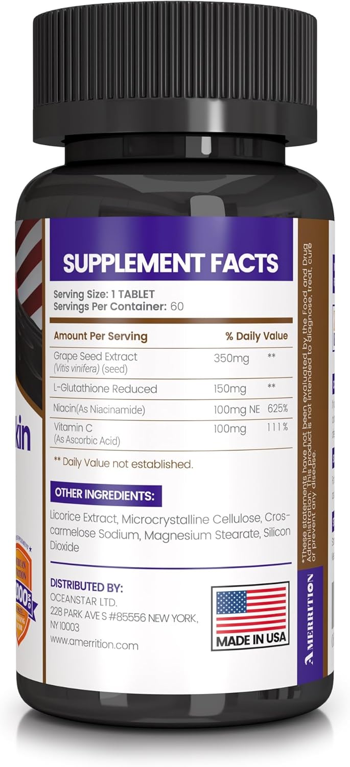 Skin Whitening Supplement with Grape Seed Extract, Glutathione, Vitamin B3 & C - 60 Tablets by Amerrition