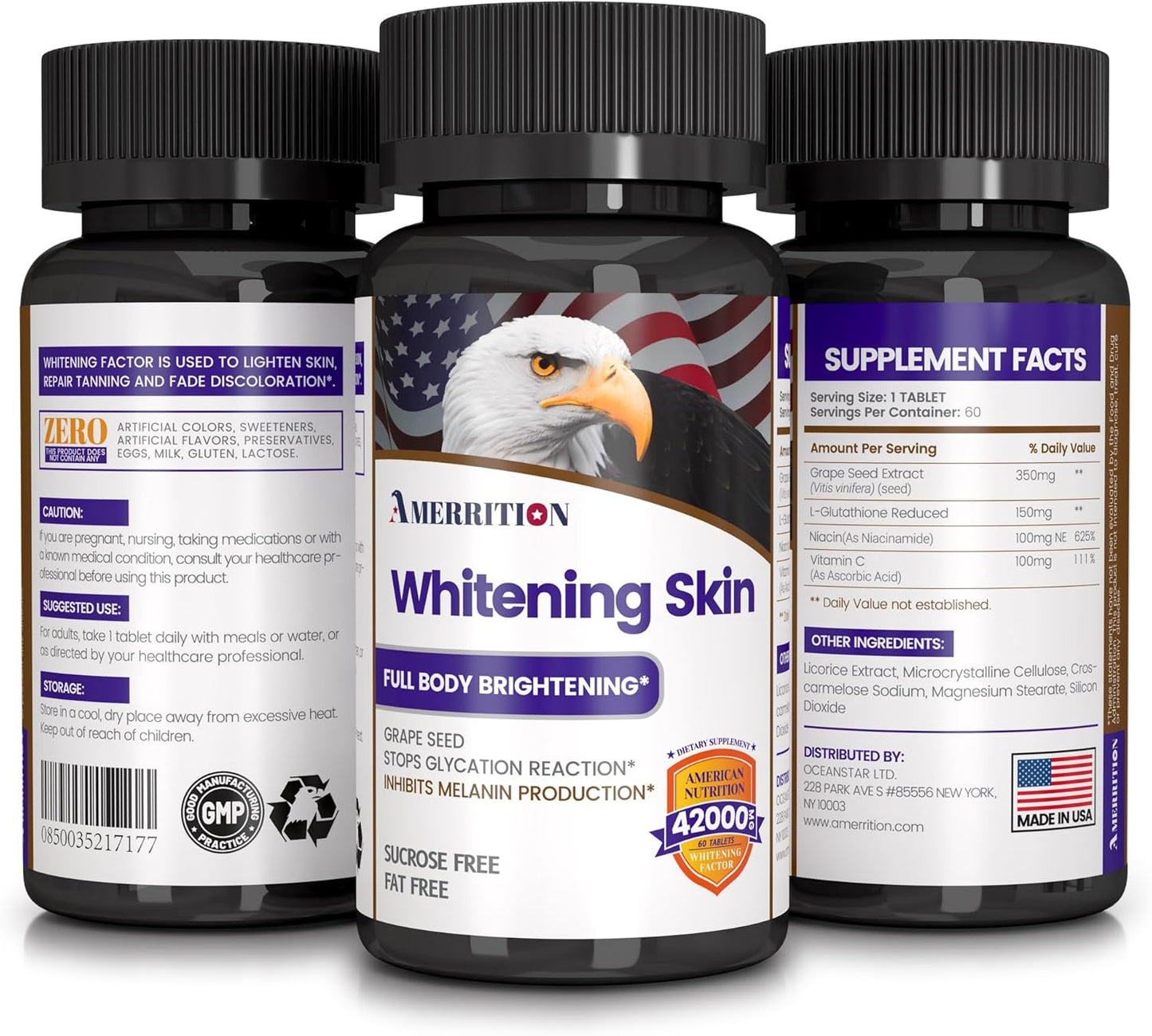 Skin Whitening Supplement with Grape Seed Extract, Glutathione, Vitamin B3 & C - 60 Tablets by Amerrition