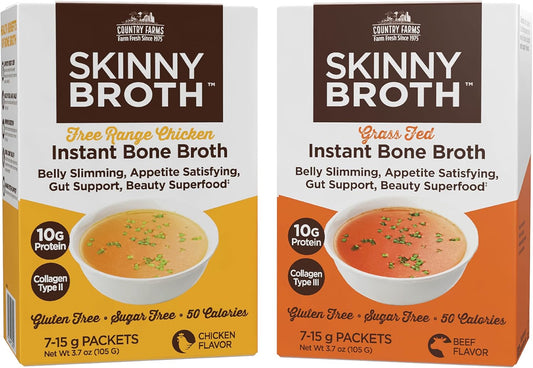 Skinny Broth 7-Day Plan with Instant Chicken and Beef Bone Broth - High Protein, Collagen, Digestive Support - 14-15g Packets for Bone and Joint Health