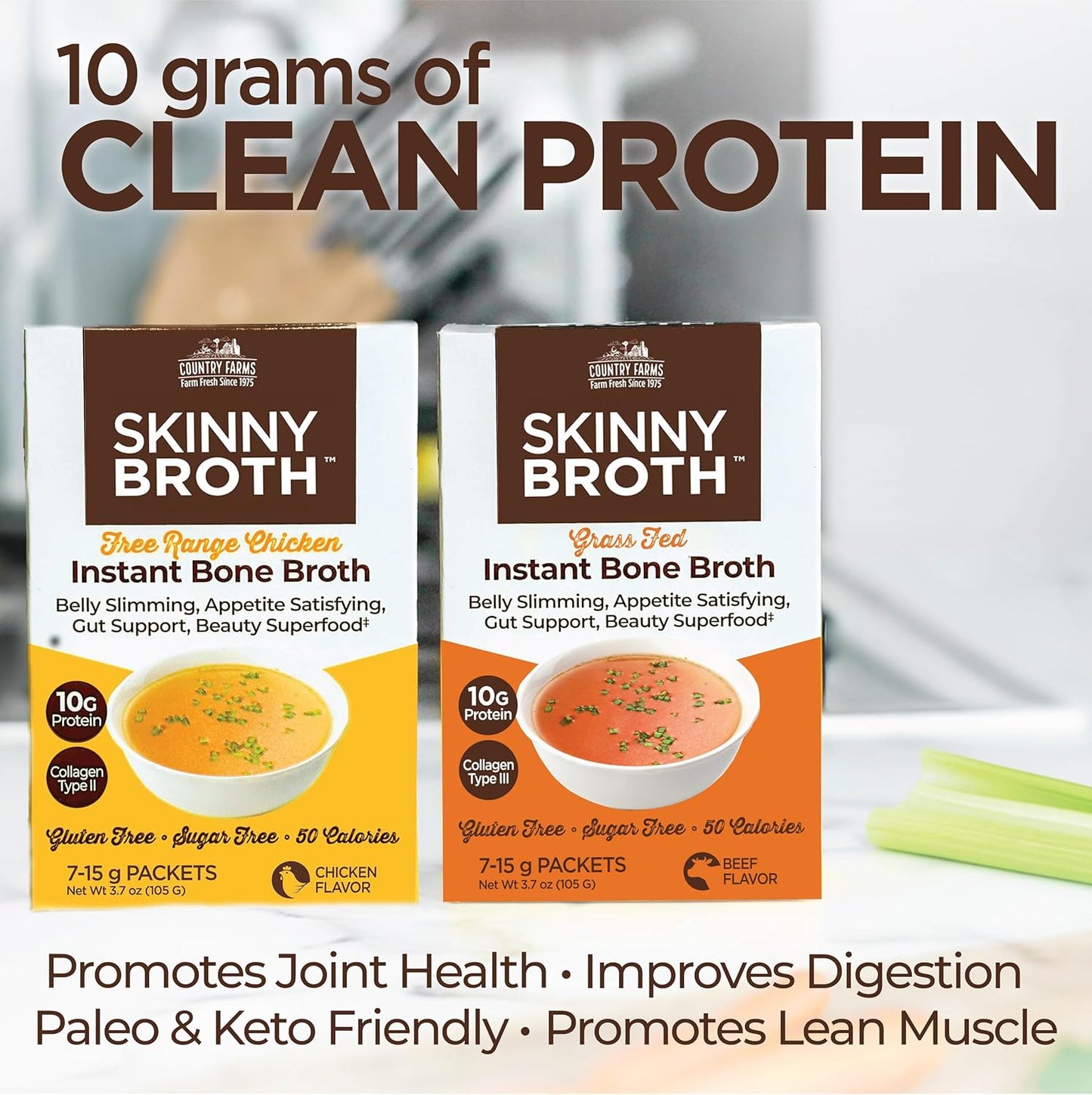 Skinny Broth 7-Day Plan with Instant Chicken and Beef Bone Broth - High Protein, Collagen, Digestive Support - 14-15g Packets for Bone and Joint Health