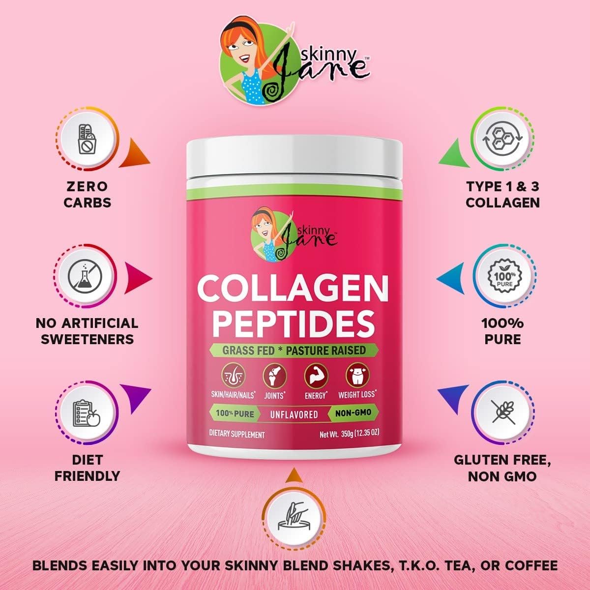Skinny Jane Premium Collagen Peptides Powder - Anti Aging, Skin Rejuvenation, Hair & Nail Health, Joint Pain Relief - Supports Keto Diet, Zero Carbs - 35 Servings