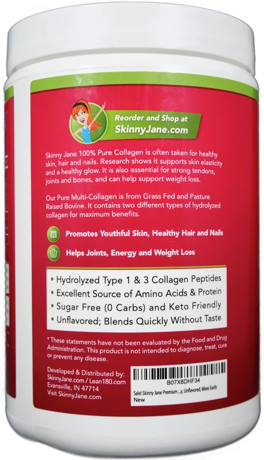 Skinny Jane Premium Collagen Peptides Powder - Anti Aging, Skin Rejuvenation, Hair & Nail Health, Joint Pain Relief - Supports Keto Diet, Zero Carbs - 35 Servings
