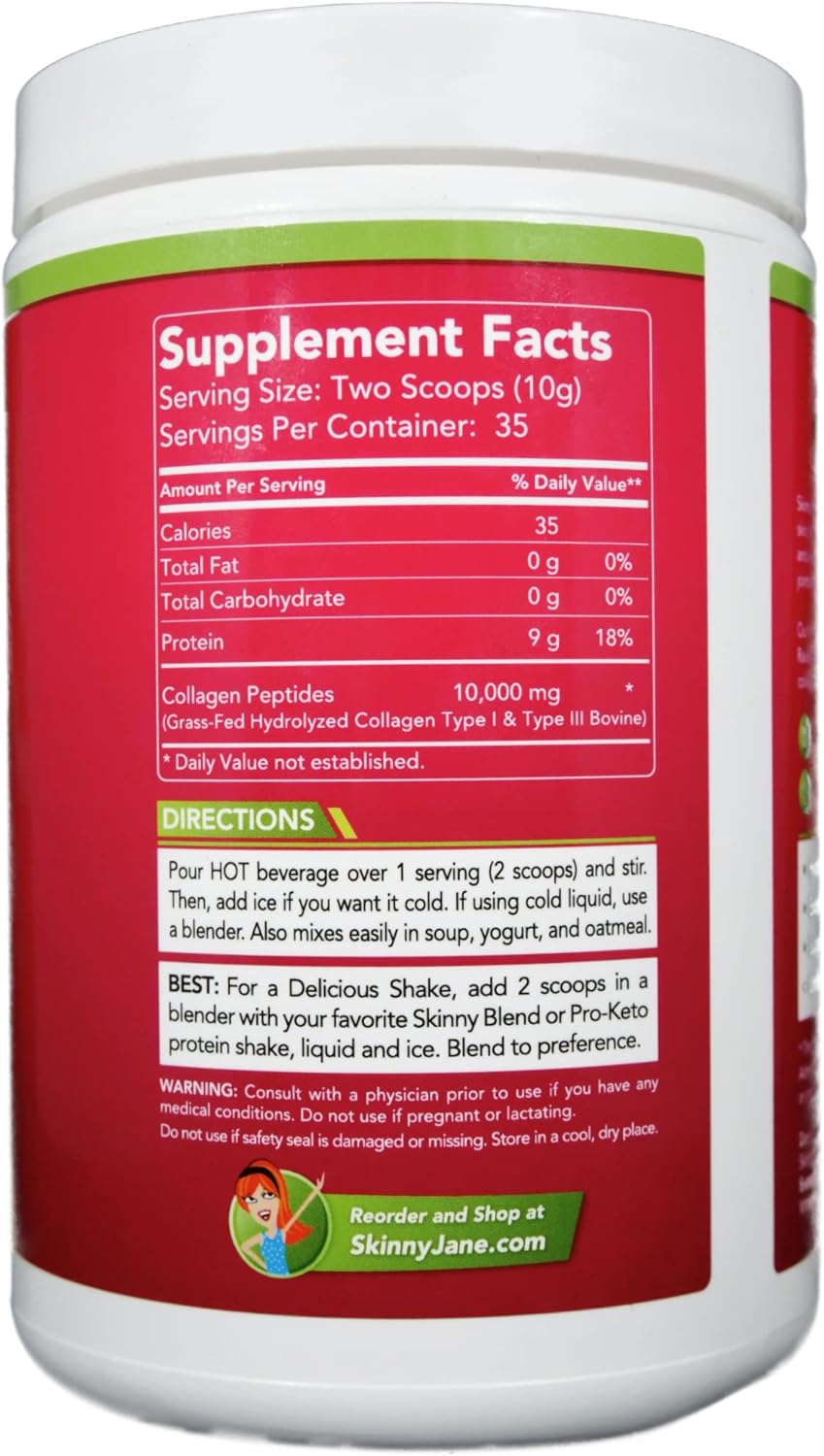 Skinny Jane Premium Collagen Peptides Powder - Anti Aging, Skin Rejuvenation, Hair & Nail Health, Joint Pain Relief - Supports Keto Diet, Zero Carbs - 35 Servings