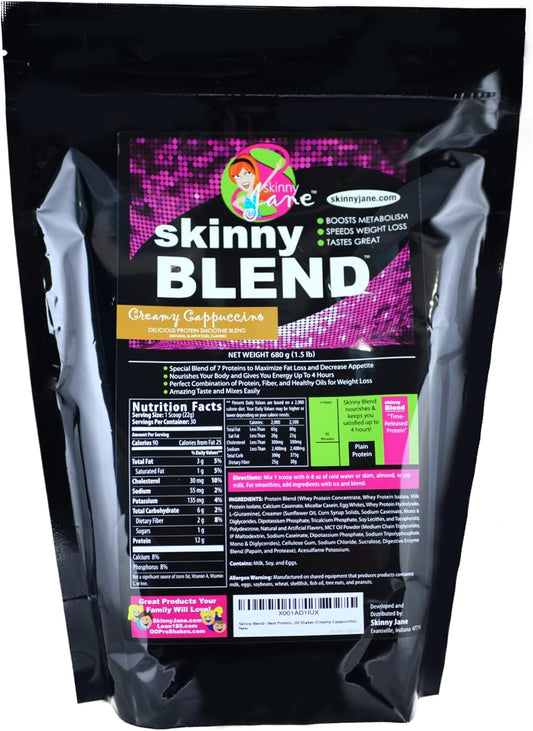 Skinny Jane Skinny Blend Creamy Cappuccino Protein Shake - Best Meal Replacement for Women - Low Carb Weight Loss Supplement - Appetite Suppressant with 30 Shakes