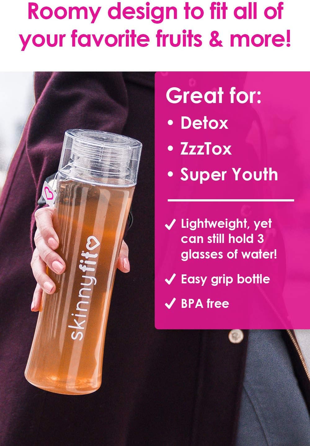 SkinnyFit 24 oz. BPA-Free Detox Bottle for Iced Drinks on the Go - Leak Proof Water Bottle for Fitness, Travel, Gym & Sports