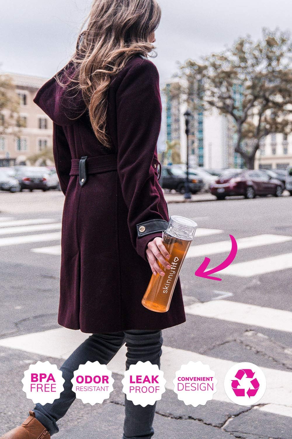 SkinnyFit 24 oz. BPA-Free Detox Bottle for Iced Drinks on the Go - Leak Proof Water Bottle for Fitness, Travel, Gym & Sports