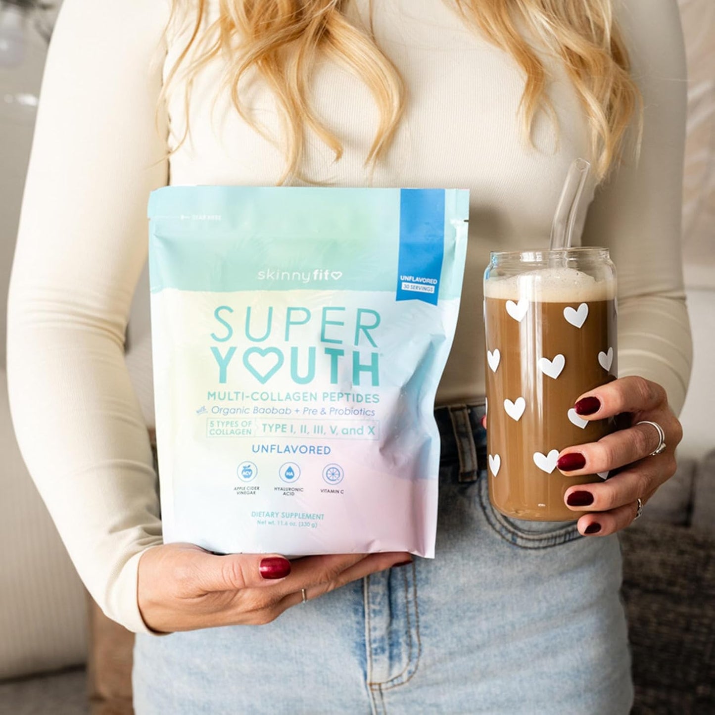 SkinnyFit Super Youth Collagen Peptides with Probiotics, Baobab Fiber, ACV, Hyaluronic Acid, Vitamin C - Skin, Hair, Joint & Metabolism Support - 30 Servings