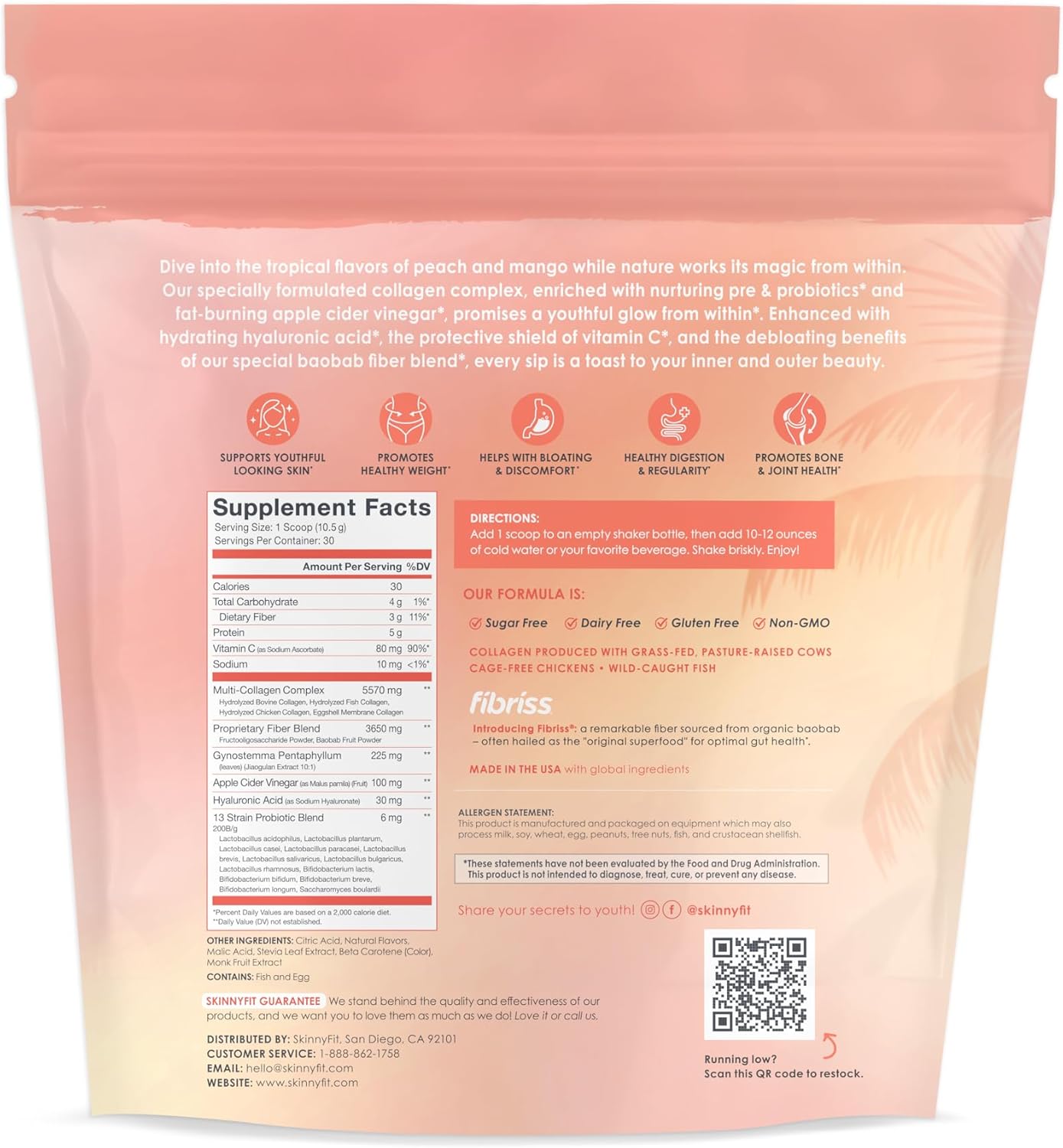 SkinnyFit Super Youth Peach Mango Multi-Collagen Peptides with Probiotics, Baobab Fiber, Apple Cider Vinegar, Hyaluronic Acid, and Vitamin C for Skin, Hair, Joint, and Metabolism Support - 30 Servings
