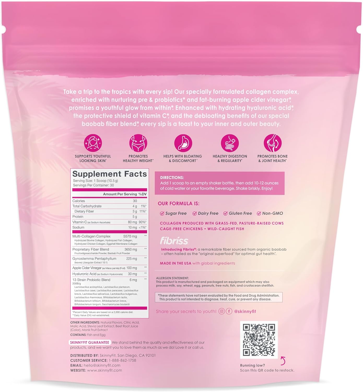 SkinnyFit Super Youth Tropical Punch Collagen Peptides with Probiotics, Baobab Fiber, ACV, Hyaluronic Acid, Vitamin C - Skin, Hair, Joint & Metabolism Support - 30 Servings
