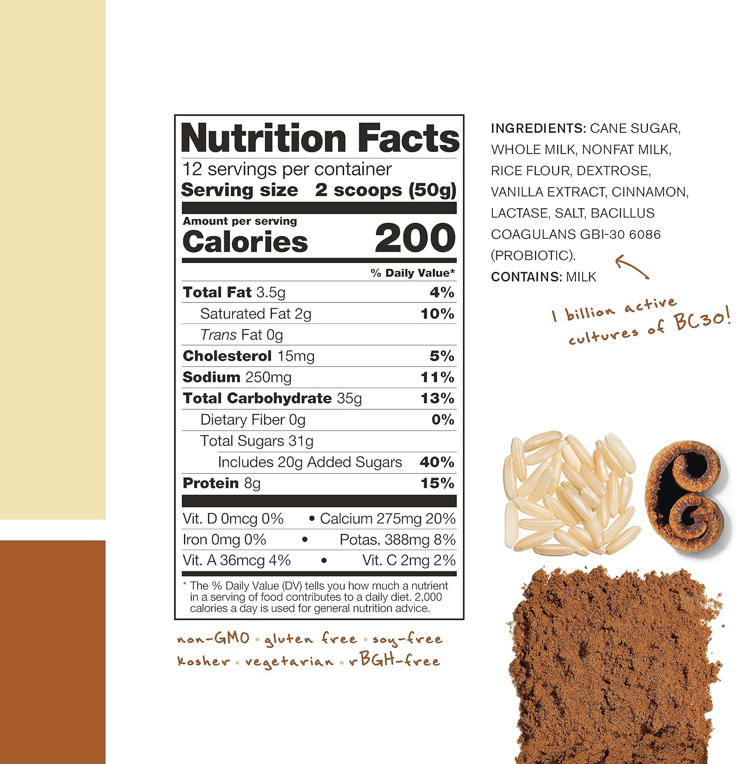 Skratch Labs Horchata Post Workout Recovery Drink Mix (21.2 oz, 12 Servings) with Milk Protein, Probiotics, Gluten Free, Kosher, Vegetarian