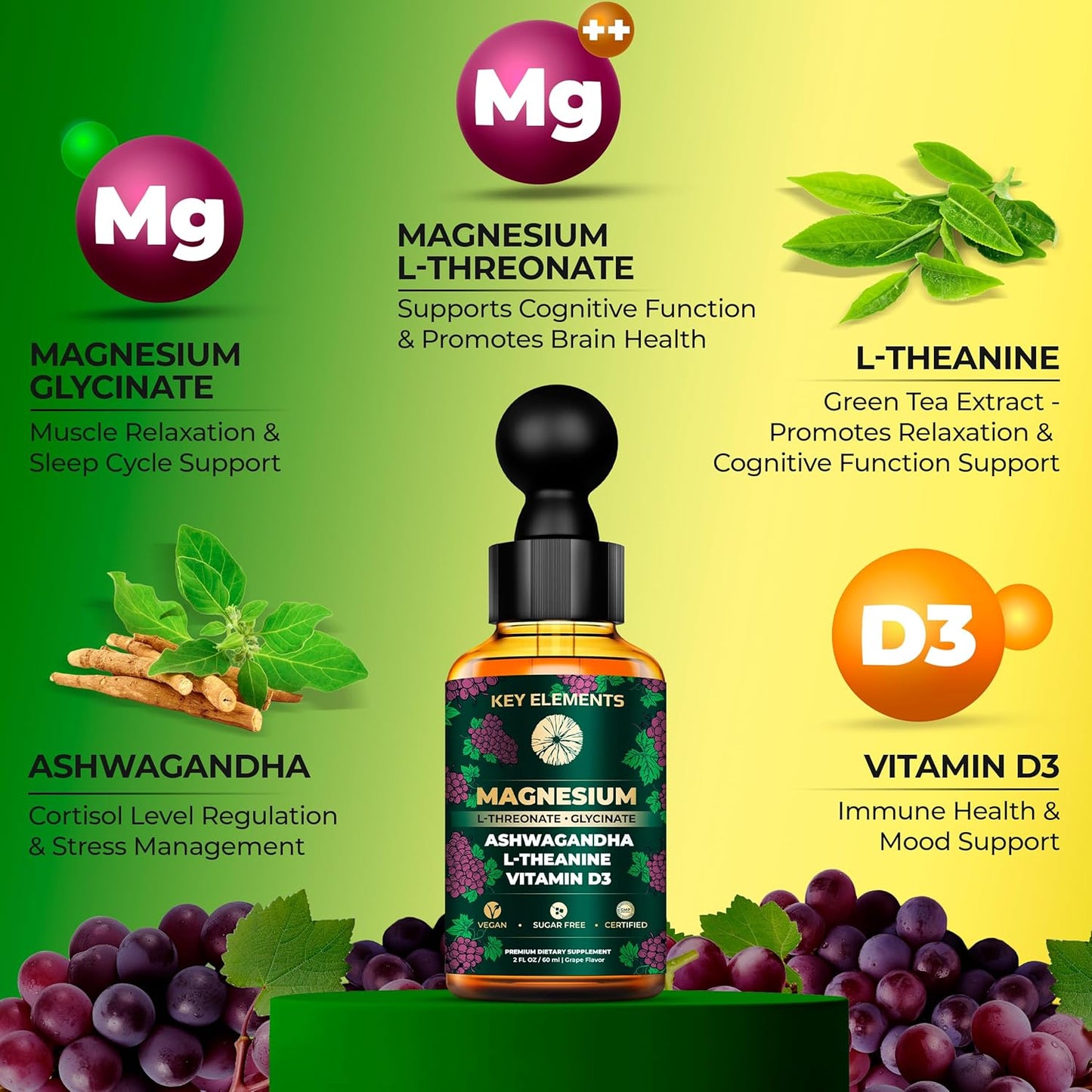 Sleep Support Supplement with Liquid Magnesium L-Threonate, Magnesium Glycinate, Ashwagandha, L-Theanine, and Vitamin D3