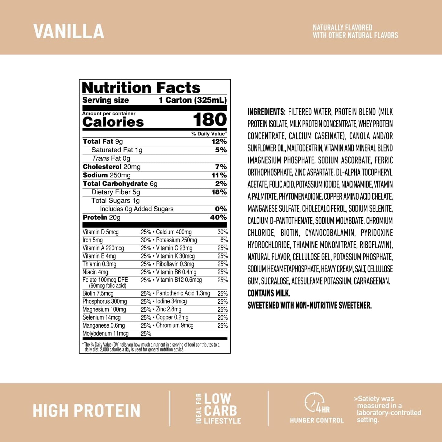 SlimFast Vanilla Protein Shake - Ready-to-Drink Meal Replacement with 20g Protein, Low Carb & Sugar, 24 Vitamins - 12 Count Pack
