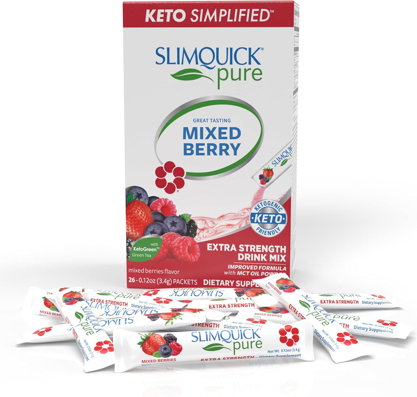 Slimquick Pure 3x Extra Strength Mixed Berry Drink Mix for Women with Green Tea, Caffeine, and Herbal Extracts - 26 Count
