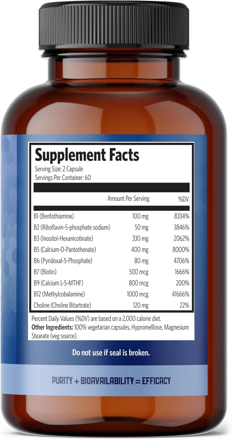 Slow Release Bioactive B Complex Vitamins - 120 Capsules for Metabolic Support & Immune System - Pure Lab B-Complex Supplements for Men and Women