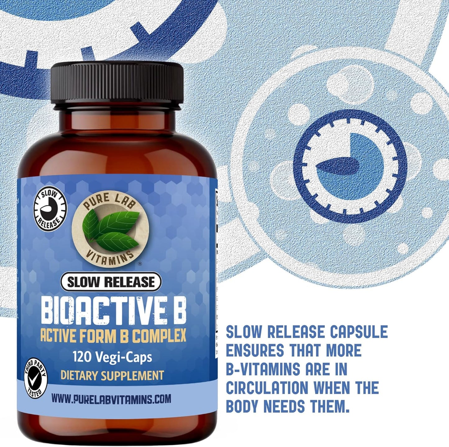 Slow Release Bioactive B Complex Vitamins - 120 Capsules for Metabolic Support & Immune System - Pure Lab B-Complex Supplements for Men and Women