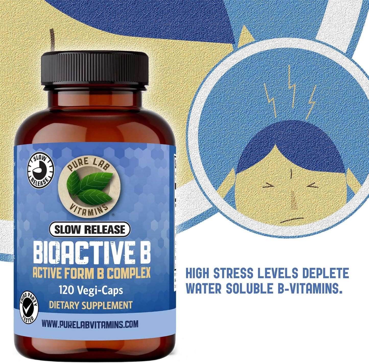 Slow Release Bioactive B Complex Vitamins - 120 Capsules for Metabolic Support & Immune System - Pure Lab B-Complex Supplements for Men and Women