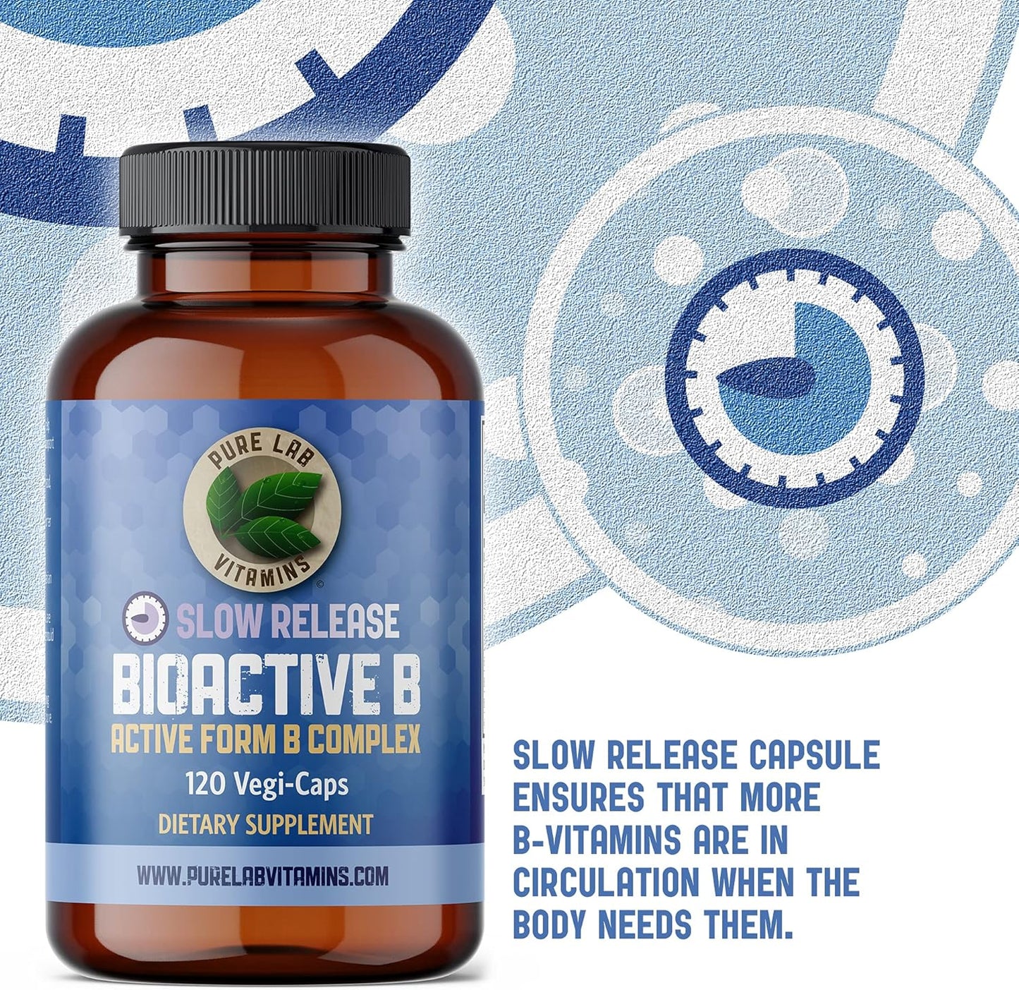 Slow Release Bioactive B Complex Vitamins - 120 Capsules for Metabolic Support & Immune System - Pure Lab B-Complex Supplements for Men and Women