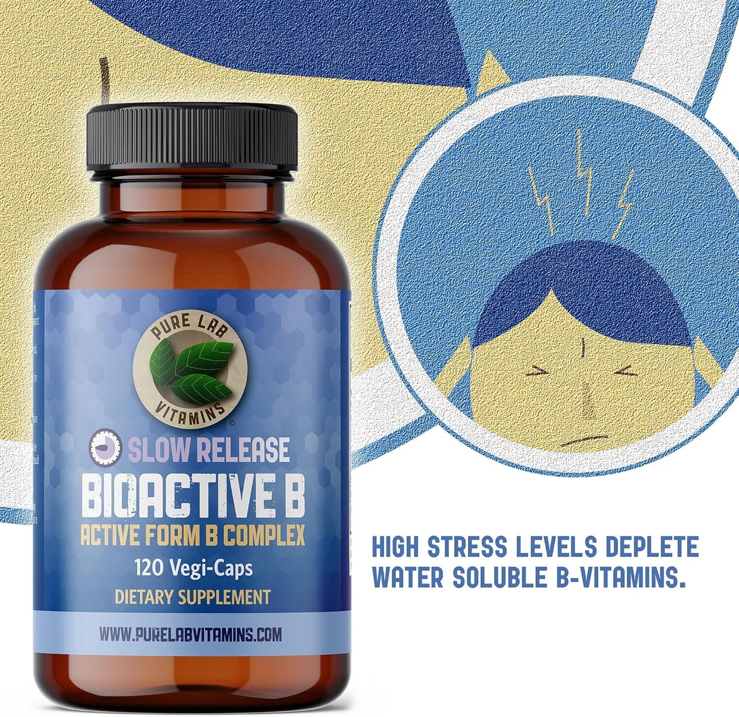 Slow Release Bioactive B Complex Vitamins - 120 Capsules for Metabolic Support & Immune System - Pure Lab B-Complex Supplements for Men and Women