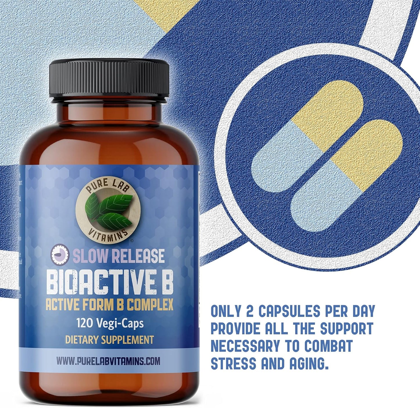 Slow Release Bioactive B Complex Vitamins - 120 Capsules for Metabolic Support & Immune System - Pure Lab B-Complex Supplements for Men and Women