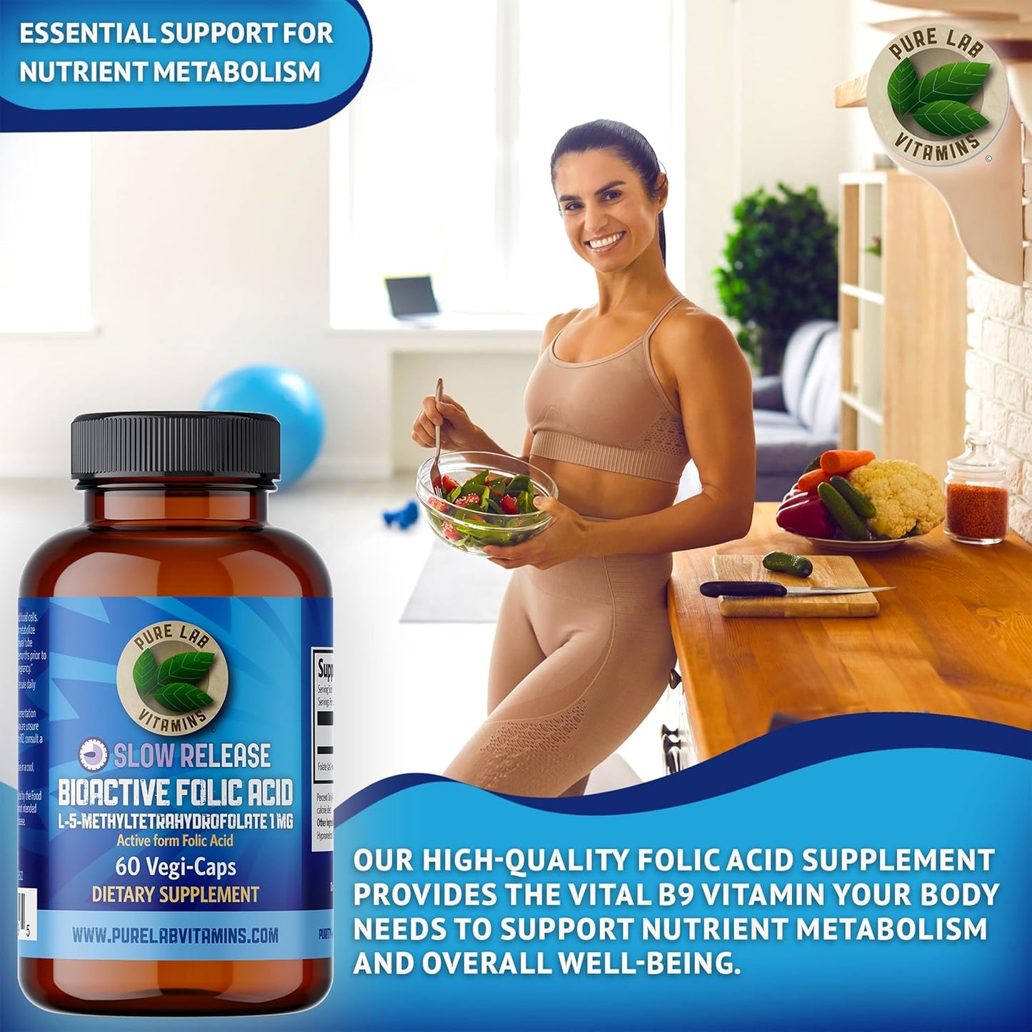 Slow Release Bioactive Folic Acid 1mg Capsules - Vitamin B9 Supplement for Women, Pregnancy Support