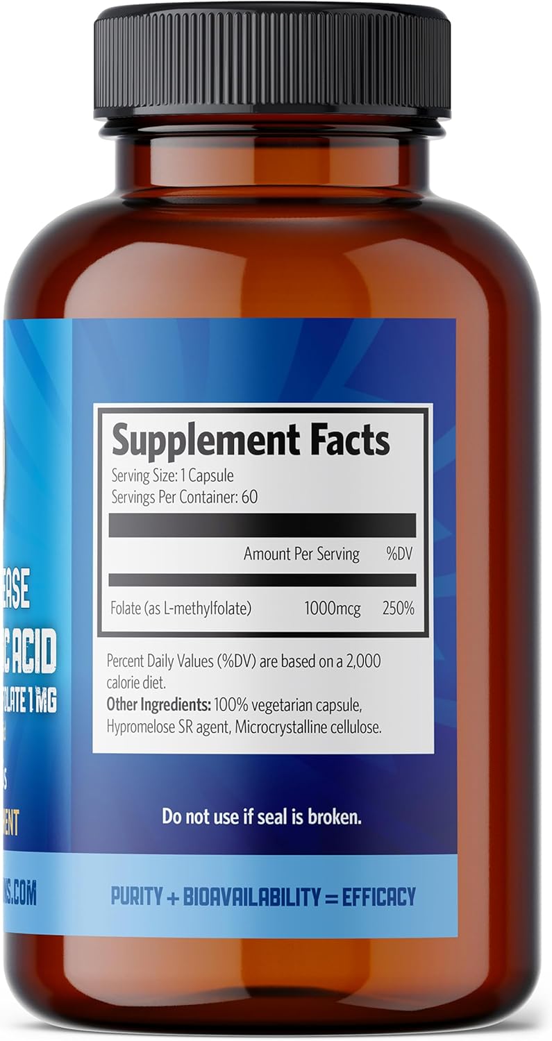 Slow Release Bioactive Folic Acid 1mg Capsules - Vitamin B9 Supplement for Women, Pregnancy Support