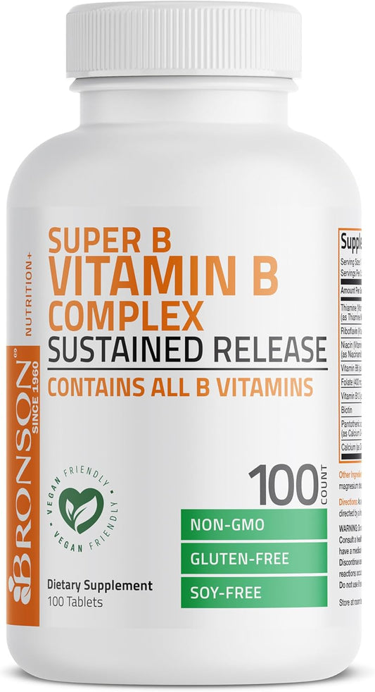 Slow Release Bronson Super B Vitamin B Complex - 100 Tablets with Vitamin B1, B2, B3, B6, Folic Acid, B12 - Complete B Vitamin Supplement