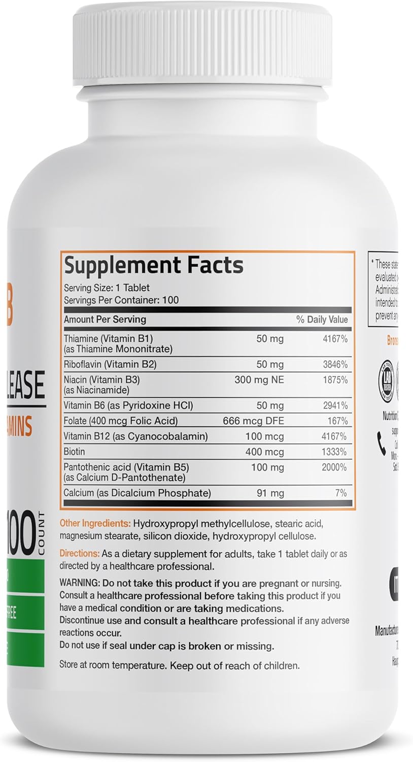 Slow Release Bronson Super B Vitamin B Complex - 100 Tablets with Vitamin B1, B2, B3, B6, Folic Acid, B12 - Complete B Vitamin Supplement
