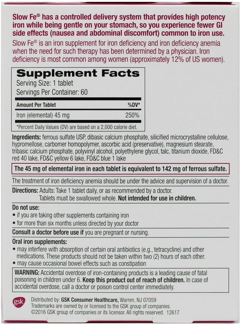 Slow Release High Potency Iron Supplement, 45 mg - 60 Tablets x 3 Pack